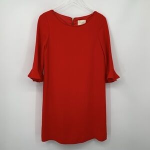 Kate Spade Luna red shift dress ruffle trim sleeves gold zipper scoop neck 6